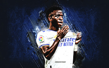 Vinicius Junior, Real Madrid, Brazilian soccer player, blue stone background, football, La Liga, Spain, Vinicius JR, soccer HD wallpaper