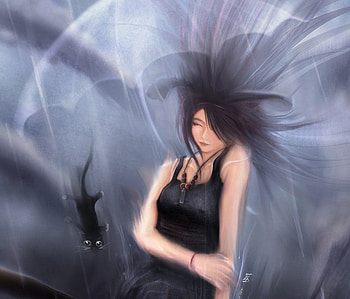In the rain, umbrella, rain, cg, fantasy, cat, girl HD wallpaper