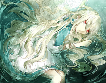 Fallen Angel, blue, feathers, cute, angel, long hair, dress, beauty, lady, water, female, wings, sweet, white, girl, beautiful, woman, anime, pretty, green, white hair, fallen, lovely HD wallpaper