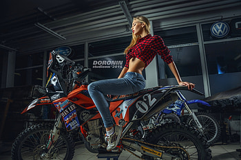 Beauty, blue, model, red, motorcycle, denis doronin, girl, woman, jeans HD wallpaper
