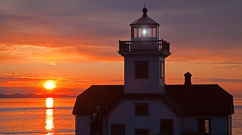 wonderful lighthouse at sunset, sea, lighthouse, orange, sunset HD wallpaper