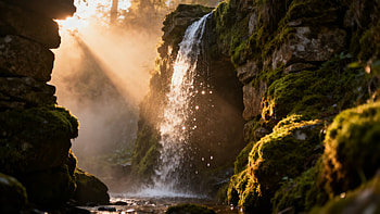 Sunlit Moss Canyon Waterfall —, Waterfall, Moss, Rock, Stream, Sunlight HD wallpaper
