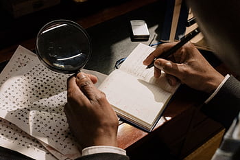 A detective decoding cipher documents with a magnifying glass, notebook in hand. HD wallpaper