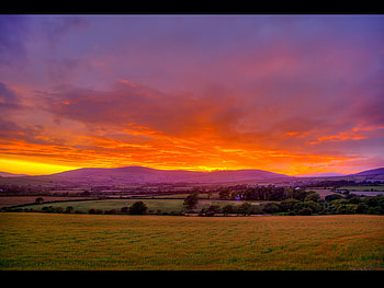 Country sunset, clouds, trees, fields, mountains, sunset HD wallpaper