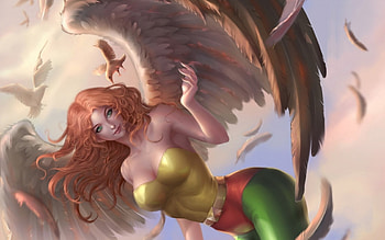Hawkgirl, wings, dc comics, girl, woman, feather, fantasy, green, game, redhead HD wallpaper