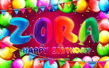 Happy Birtay Zora, , colorful balloon frame, Zora name, purple background, Zora Happy Birtay, Zora Birtay, popular american female names, Birtay concept, Zora HD wallpaper