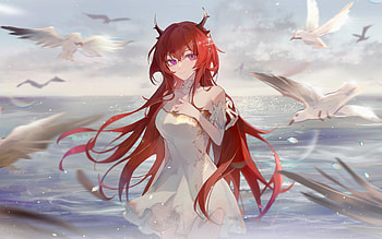 Surtr, purple eyes, ArKnights, manga, seagulls, ArKnights characters, Surtr ArKnights HD wallpaper