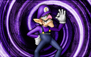 Waluigi, violet grunge background, vortex, Super Mario, antagonist, Super Mario characters, Super Mario Bros, Waluigi Super Mario HD wallpaper