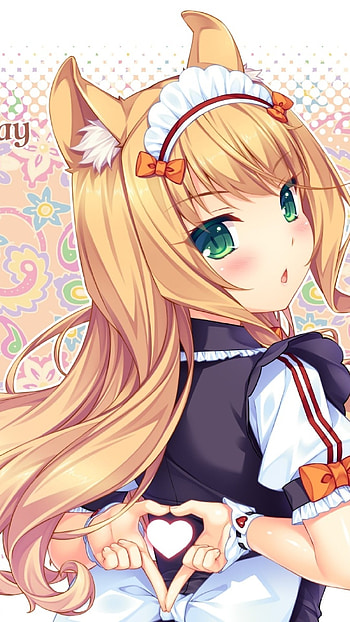 Nekopara, Maple, Valentine's Day 2017, Blonde, Waitress, Heart, Visual Novel HD phone wallpaper
