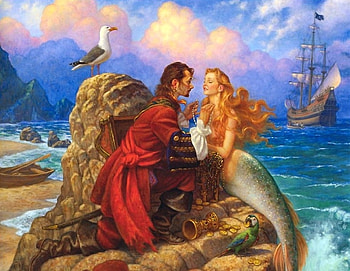 Love, sea, scott gustafson, ship, sirena, mermaid, seagull, art, summer, fantasy, red, couple, luminos HD wallpaper