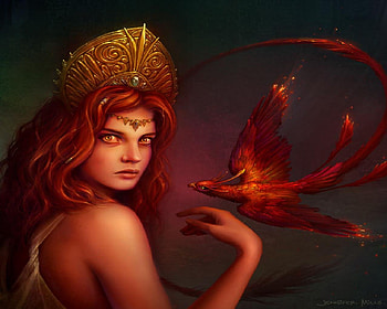 Woman And Phoenix, Red eyes, Woman, Red Head, Phoenix, Crown HD wallpaper