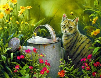 Sabrina's garden, painting, garden, water can, cat, flowers HD wallpaper