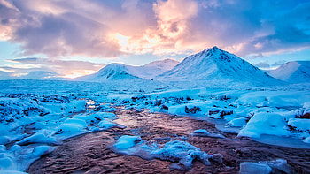 Snow covered mountain, glacier, stream, nature HD wallpaper
