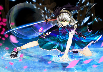 Konpaku Youmu, sword, other, gray hair, flower, weapon, touhou, katana, green eyes, cherry blossoms HD wallpaper