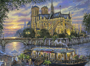 Robert Finale - Notre Dame, river, boat, paris, colors, church, artwork, painting, clouds, sky, sunset HD wallpaper