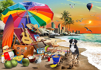 Beach time, umbrella, colorful, dog, sea, art, guitar, beach, summer, balloon, vara, caine HD wallpaper
