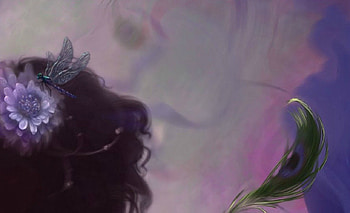 Fantasy (detail), purple, pink, feather, fantasy, flower, green, detail, dragonfly, peacock HD wallpaper