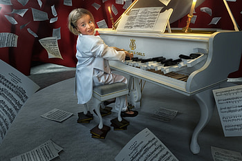Little pianist, white, cute, girl, paper, instrument, music, piano, candle, light, red, funny, child HD wallpaper