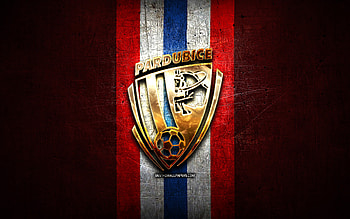 Pardubice FC, golden logo, Czech First League, blue metal background, football, czech football club, FK Pardubice logo, soccer, FK Pardubice HD wallpaper