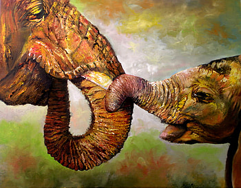 Myriam Rodriguez's art, two, tenderness, animal, art, baby, cuddle, painting, myriam rodriguez, love, elephant, nature HD wallpaper