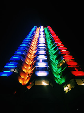 Building, Dark, Shine, Light, Multicolored, Motley, Bottom View HD phone wallpaper