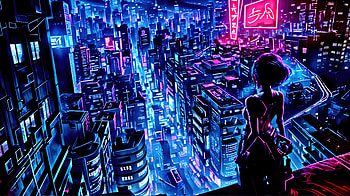 Girl Watching The Neon Glow In The Blue City Scape, neon, scifi, artist, artwork, digital-art, deviantart HD wallpaper