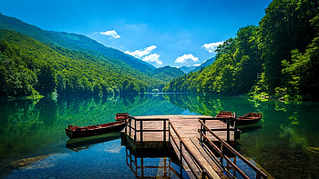 Serenity, tranquility, mountain, lake, panorama, national park, reflection, boats, view, sky HD wallpaper