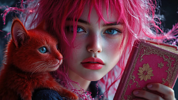 Mystical Girl with Pink Hair and Crimson Kitten, pink hair, blue eyes, book HD wallpaper