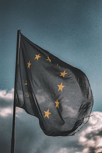 European Union flag gently waving on a flagpole against a cloudy sky, symbolizing unity and patriotism. HD phone wallpaper