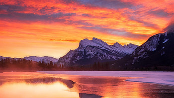 Vermillion Lakes, Banff NP, snow, landscape, colors, water, reflections, sunset, ice, winter, canada, alberta HD wallpaper