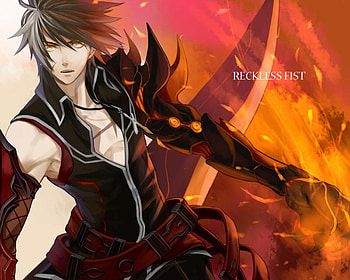 Reckless Fist Raven, games, yellow eyes, sword, flames, gauntlet, raven, elsword, reckless fist, gold eyes, weapon, video games, fire, male HD wallpaper