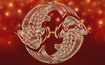 Zodiac ~ Pisces, two, golden, pisces, zodiac, fantasy, red, couple, fish HD wallpaper