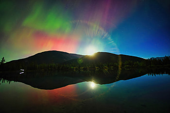 Diamond Moon Illuminated By Aurora Lights, mountains, aurora, northern-lights, reflection, nature HD wallpaper