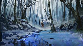 Winter, Rivers, Art, Forest, Deer HD wallpaper