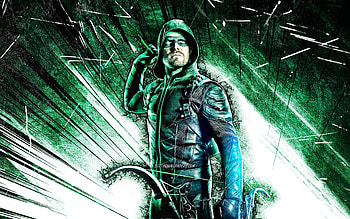 Green Arrow, grunge art, superheroes, DC Comics, green abstract rays, Oliver Queen, Green Arrow HD wallpaper