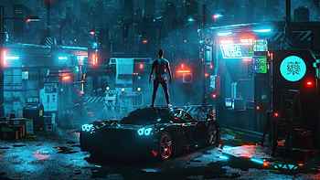Cyber Night Boy Standing On Car , scifi, cyberpunk, artist, artwork, digital-art, vaporwave HD wallpaper