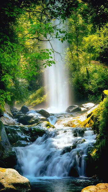 Waterfall, spring, body of water, green, nature, river HD phone wallpaper