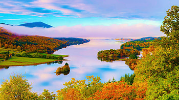 Forest Park, Loch Tummel, Perthshire, Scotland, fall, autumn, clouds, trees, colors, landscape, sky, sunset HD wallpaper