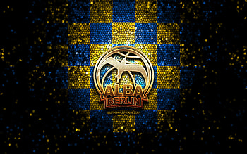 Alba Berlin, glitter logo, BBL, yellow blue checkered background, basketball, german basketball club, Alba Berlin logo, mosaic art, Basketball Bundesliga HD wallpaper