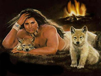 Indian and Wolf Friends, native, art, dogs, wolf, indian, fire HD wallpaper