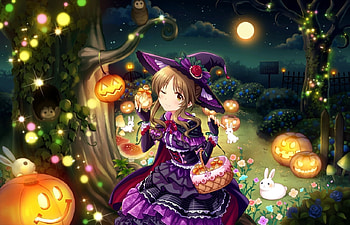 Takamori Aiko, night, idolmaster, orange, witch, purple, halloween, pink, anime, moon, pumpkin, luna, annin doufu, manga HD wallpaper