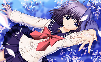 Handfull Of Petals, Anime Girl, Bow, Purple Hair, Anime, Seifuku, Petals, Purple Eyes, School Uniform, Big Eyes HD wallpaper
