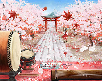 Cherry Blossom Instrument, flute, cute, music instrument, leave, spring, shrine, music, scenery, flower, scenic, cherry blossom, female, hill, maple leaf, scene, landscape, girl, tree, mountain, anime girl, pink, plant, maple, anime, sakura, touhou, leaf, sky, sakura blossom, reimu HD wallpaper