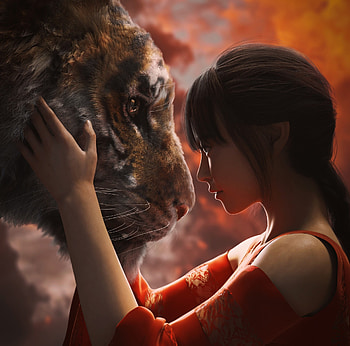 Year of the Tiger, bobodng, frumusete, asian, tiger, art, bobo d ng, year, girl, chinese, zodiac, fantasy, red, tigru HD wallpaper