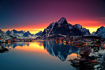 Reinebringen Mountains In Norway, mountains, norway, world, reflection, sunset, sunrise, dusk, dawn HD wallpaper