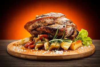 Meat, chicken, fruit, food HD wallpaper