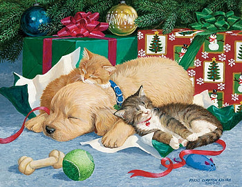 By Persis Clayton, dog, kitten, art, cat, puppy, persis clayton, holiday, painting, christmas, sleep HD wallpaper