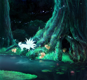 Legend of Ninetales, night, river, ninetales, kitsune, fox, fireflies, tree, music, anime, family, forest, pokemon HD wallpaper