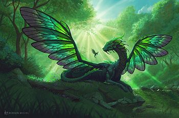 Mother dragon, wings, cute, fairy, fantasy, green, robson michel, mother, dragon, luminos HD wallpaper