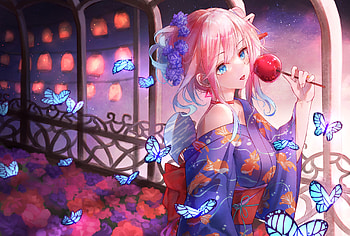 :), anime, red, girl, manga, iotan, blue, mia, kimono, yumesaki, propo production, pink HD wallpaper
